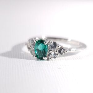 Emerald and White Topaz Ring Sterling Silver Size 5-1/4